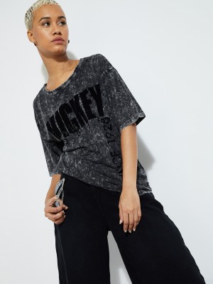 MAX Printed, Tie & Dye Women Round Neck Grey T-Shirt