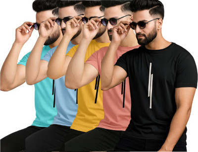 P collection Striped Men Round Neck Light Green, Light Blue, Yellow, Pink, Black T-Shirt