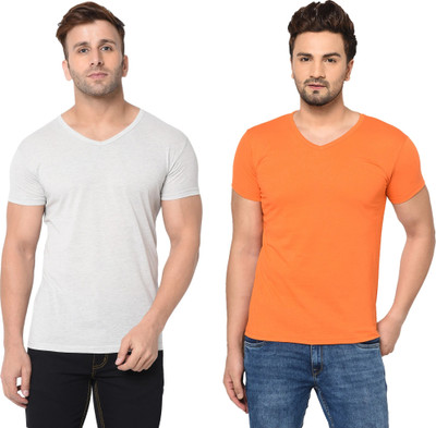 Tresna Fab Solid Men V Neck Orange, White T-Shirt