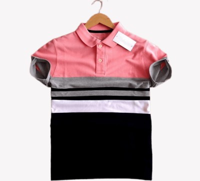 KHAHURIYO Striped Men Polo Neck Maroon T-Shirt