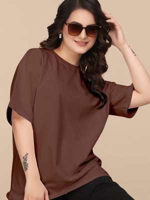 MAYKR Solid Women Round Neck Brown T-Shirt