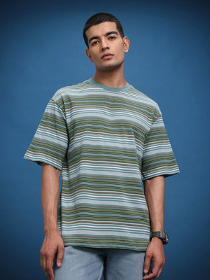 Roadster Striped Men Round Neck Green T-Shirt