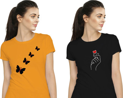 Stylimo Printed Women Round Neck Orange, Black T-Shirt