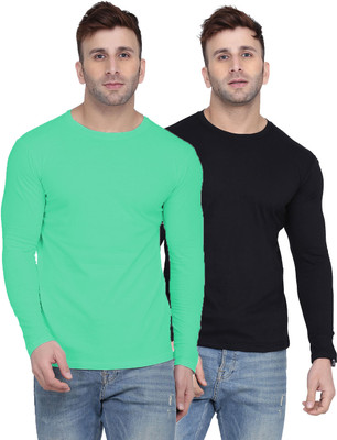 Kroptee Solid Men Round Neck Light Green, Black T-Shirt