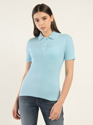 The Classic Togs Solid Women Polo Neck Light Blue T-Shirt