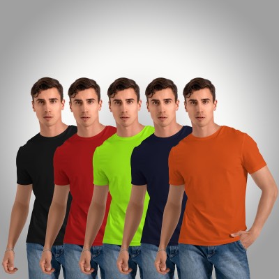 CONTENO Solid Men Round Neck Black, Red, Green, Navy Blue, Orange T-Shirt