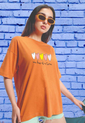 HouseOfCommon Printed Women Round Neck Orange T-Shirt