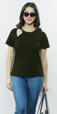 BASE 41 Solid Women Round Neck Dark Green T-Shirt