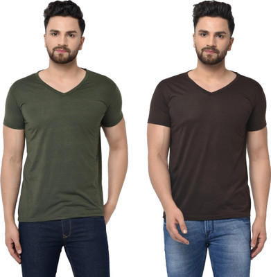 Tresna Fab Solid Men V Neck Dark Green, Brown T-Shirt