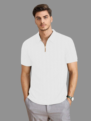 KAJARU Self Design Men Polo Neck White T-Shirt