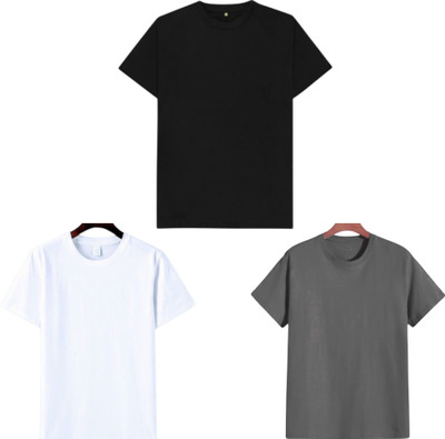 TTFE Solid Men Round Neck Black, White, Grey T-Shirt