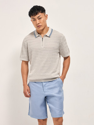 THE BEAR HOUSE Self Design Men Polo Neck Beige T-Shirt