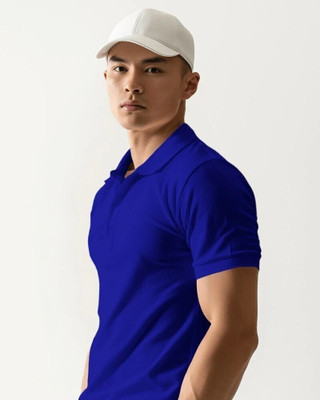 Scoot Prints Solid Men Polo Neck Navy Blue T-Shirt