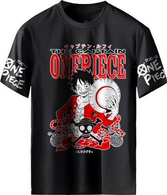Anime Printed, Typography Men Round Neck Black T-Shirt