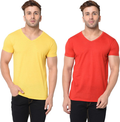 Adorbs Trend Solid Men V Neck Red, Yellow T-Shirt