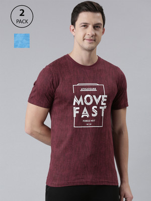 Force NXT Self Design Men Round Neck Maroon, Light Blue T-Shirt