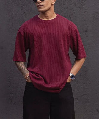 TEEMEX Solid Men Round Neck Maroon T-Shirt