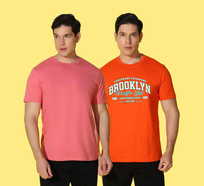 WOOSTRO Printed Men Round Neck Pink, Orange T-Shirt