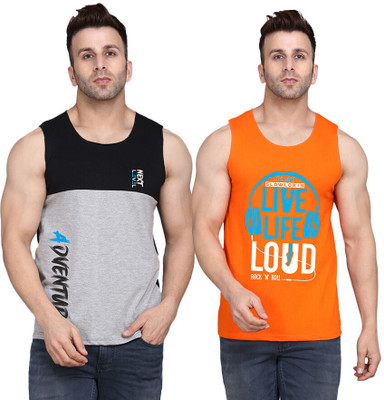 SLOWLORIS Printed Men Round Neck Orange, Black, Grey T-Shirt