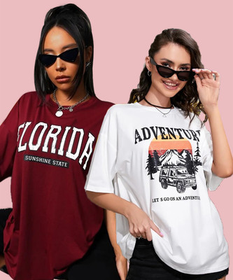 Christy World Printed Women Round Neck White, Maroon T-Shirt