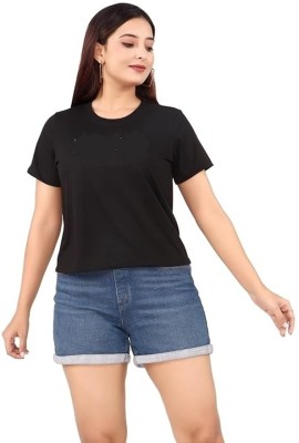 WarOn Solid Women Round Neck Black T-Shirt