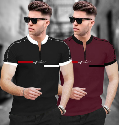 FastColors Printed Men Mandarin Collar Black, Maroon T-Shirt