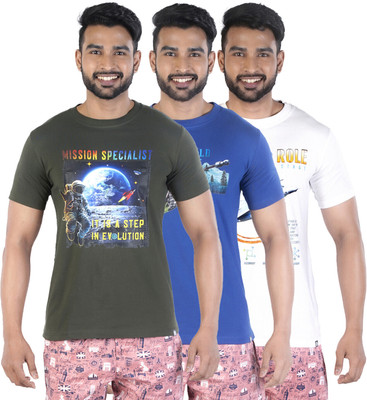 COLORS by Rupa Frontline Graphic Print Men Round Neck Dark Green, Dark Blue, White T-Shirt
