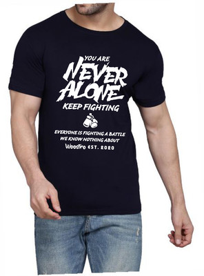 WOOSTRO Printed Men Round Neck Navy Blue T-Shirt