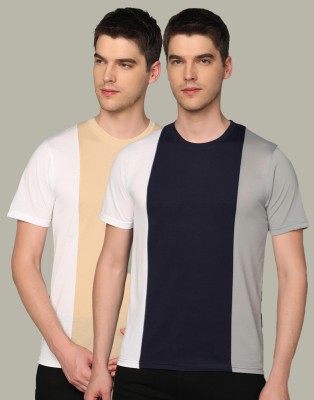 INKKR Striped Men Round Neck Beige, White, Grey T-Shirt