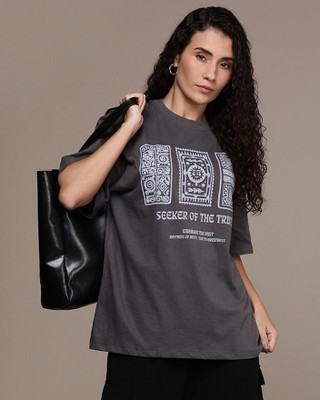 Roadster Printed Women Round Neck Grey T-Shirt