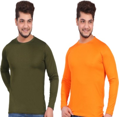 KASPY Solid Men Round Neck Dark Green, Orange T-Shirt