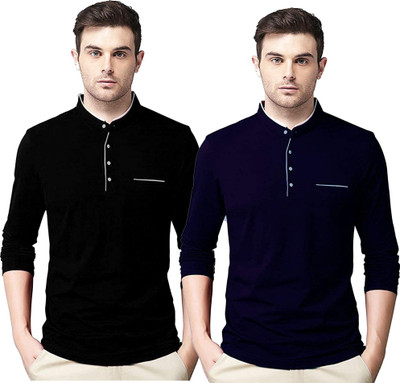 JB Jangoboy Solid Men Henley Neck Dark Blue, Black T-Shirt