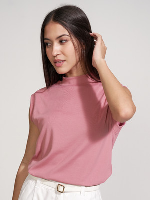 Tokyo Talkies Solid Women High Neck Pink T-Shirt