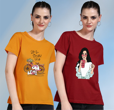 METRONAUT Printed Women Round Neck Yellow, Red T-Shirt