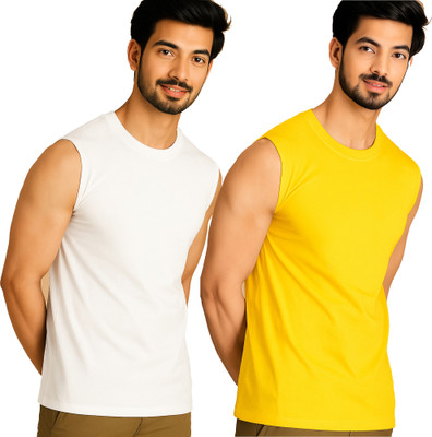 Moordale Solid Men Round Neck White, Yellow T-Shirt