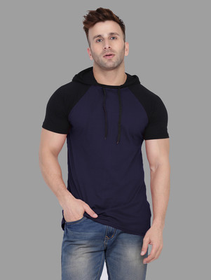 BEYOU FASHION Colorblock Men Hooded Neck Dark Blue T-Shirt