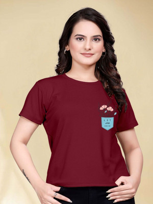 Moda Rapido Printed Women Round Neck Maroon T-Shirt