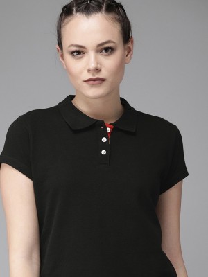 Merriment Solid Women Polo Neck Black T-Shirt