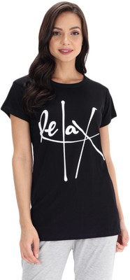 FUNDAY FASHION Printed Women Round Neck Black T-Shirt