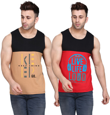 SLOWLORIS Printed Men Round Neck Black, Red, Beige T-Shirt