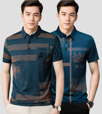 Belive in Yourself Printed Men Polo Neck Blue, Brown T-Shirt