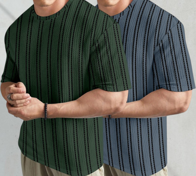 BELPATRA Striped, Self Design Men Round Neck Green, Grey T-Shirt