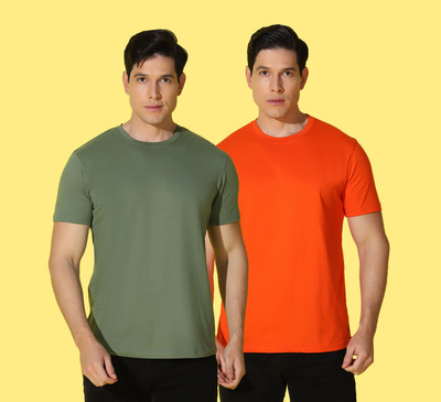 WOOSTRO Solid Men Round Neck Green, Orange T-Shirt