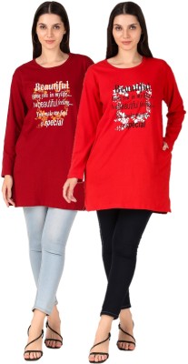 DALPHIN MODA Printed Women Round Neck Red T-Shirt