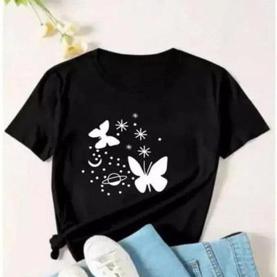 SAHAL FASHION Printed Women Round Neck Black T-Shirt
