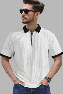 NB NICKY BOY Self Design Men Zip Neck White T-Shirt