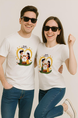 Binayak Graphic Print Couple Round Neck White T-Shirt