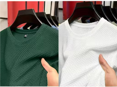 At Last Fashion Self Design Men Round Neck White, Green T-Shirt