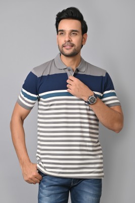 Arbour Striped Men Polo Neck Grey T-Shirt