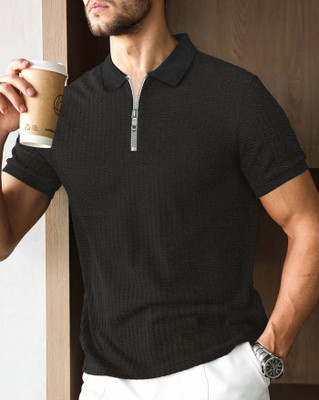 AUSK Self Design Men Polo Neck Black T-Shirt